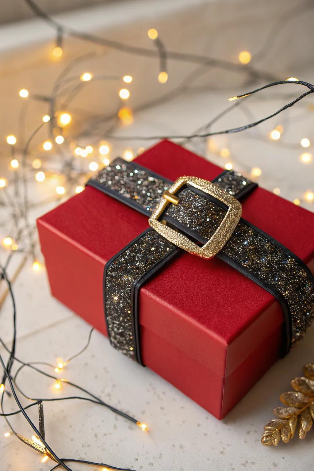 Sparkly details make Santa's belt container sparkle and shine.