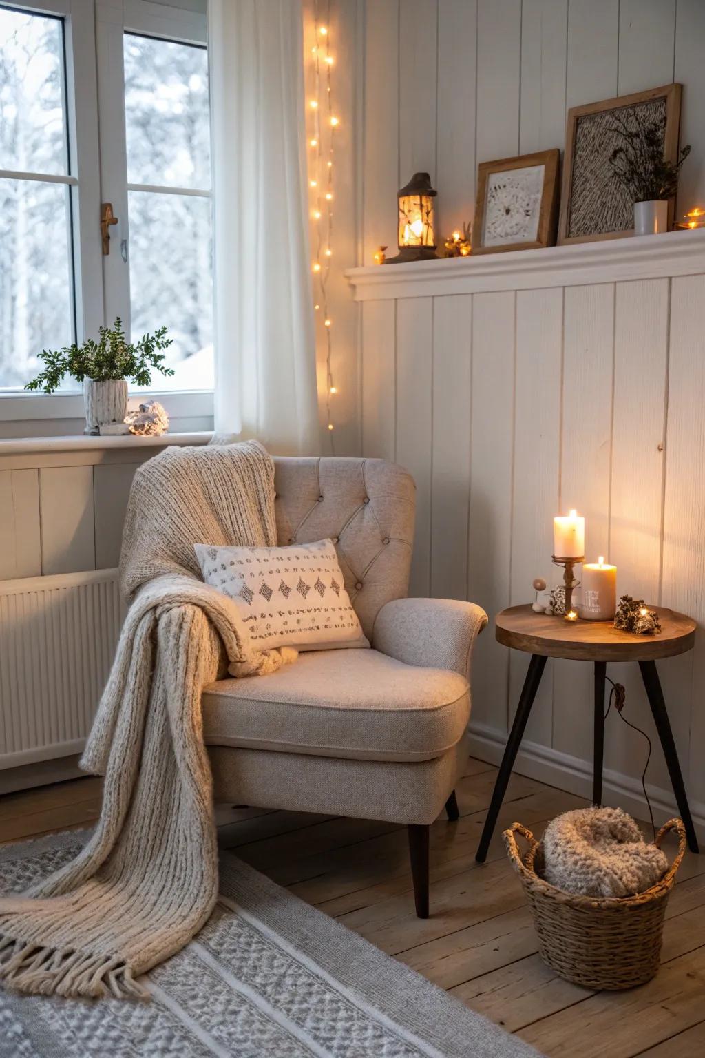 A hygge-inspired corner makes a relaxed setting for this Scandinavian home.