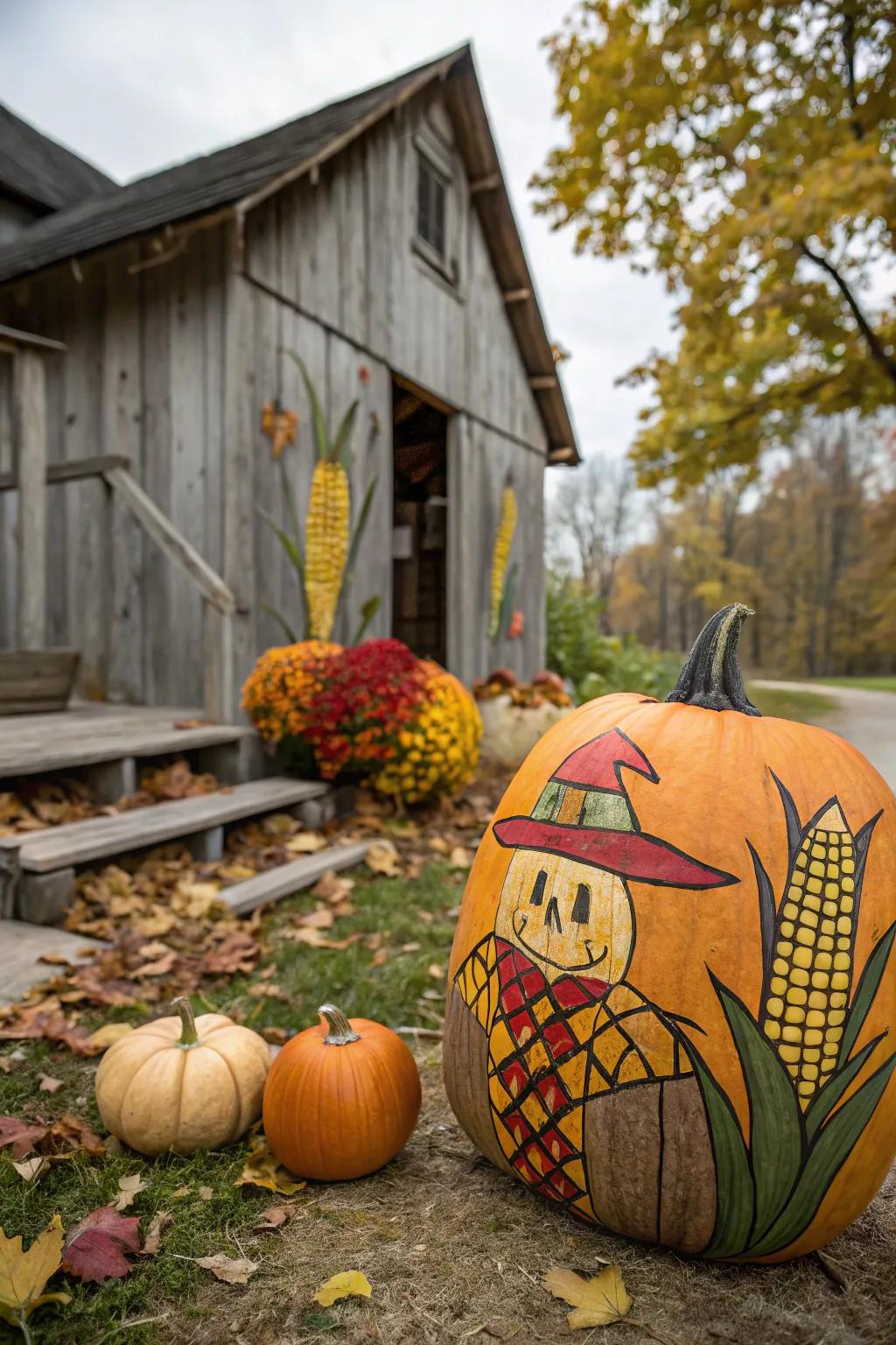 A corn motif celebrates the harvest on this scarecrow pumpkin.