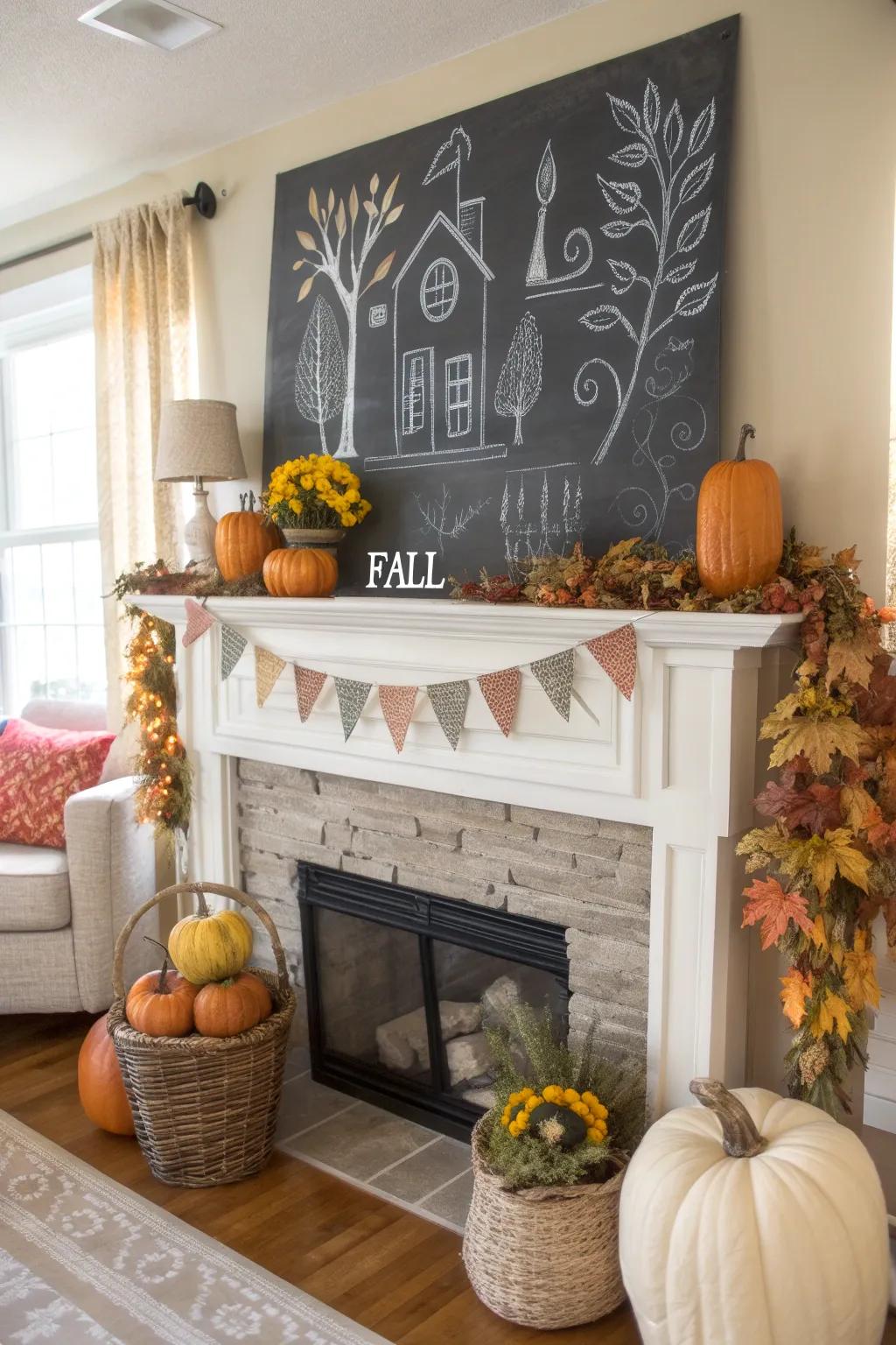 A cozy living room mantel with a chalkboard backdrop decorated with fall motifs.