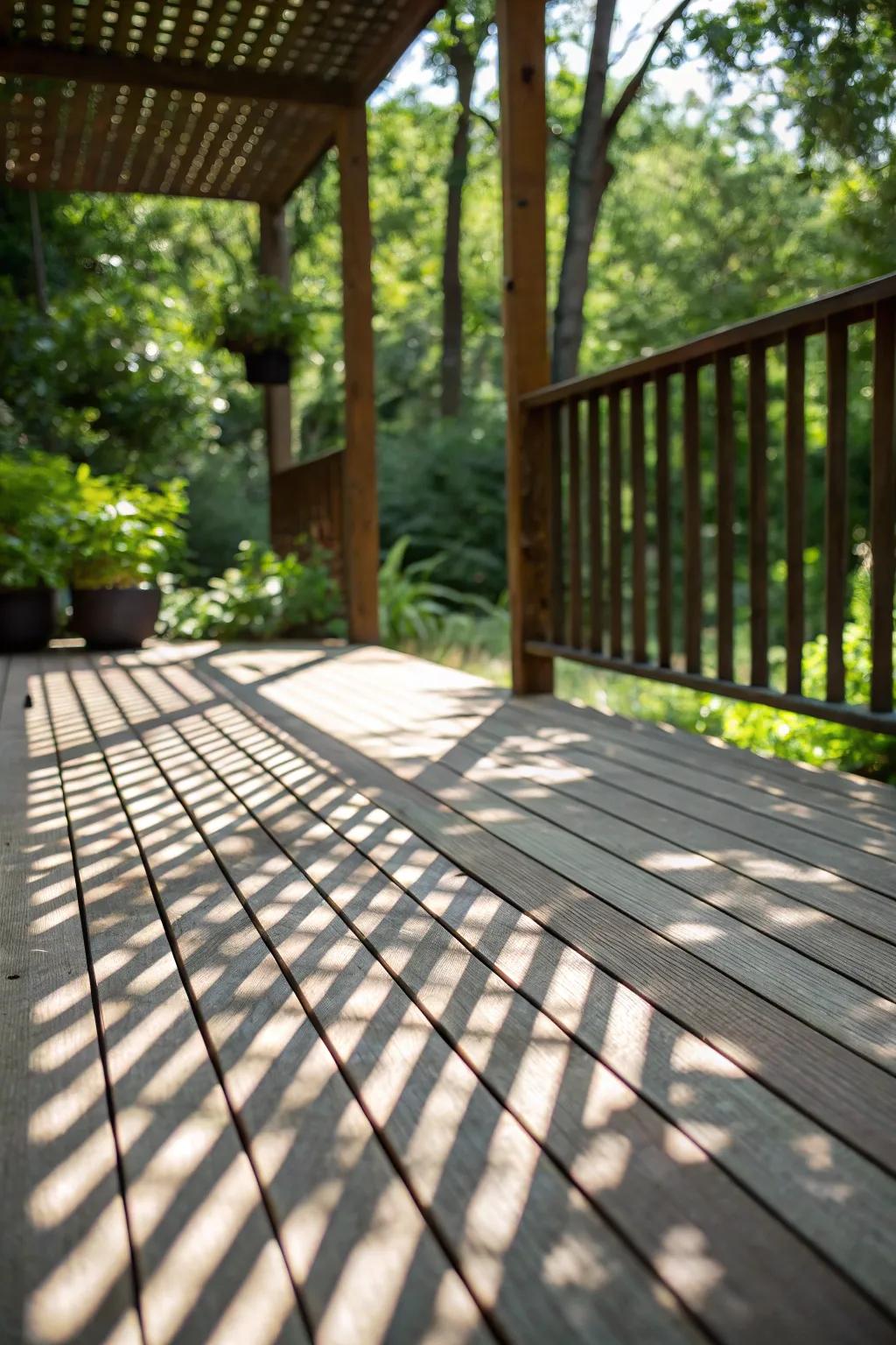 Timber slats present patterned and artistic shade.