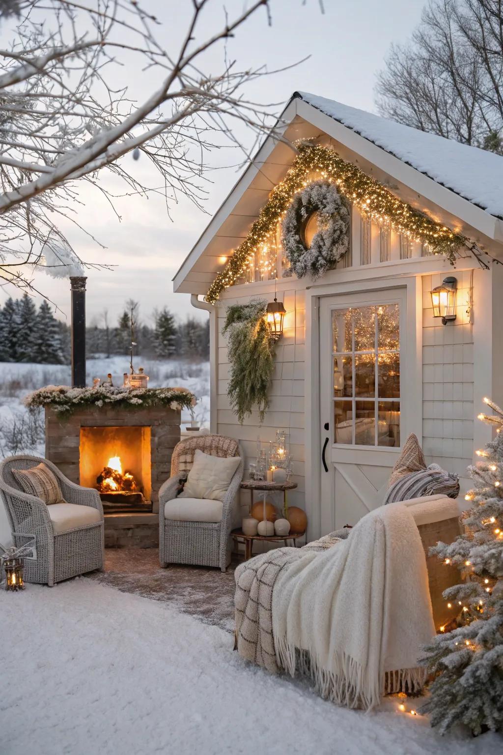 A cozy winter hideaway inside a she shed.