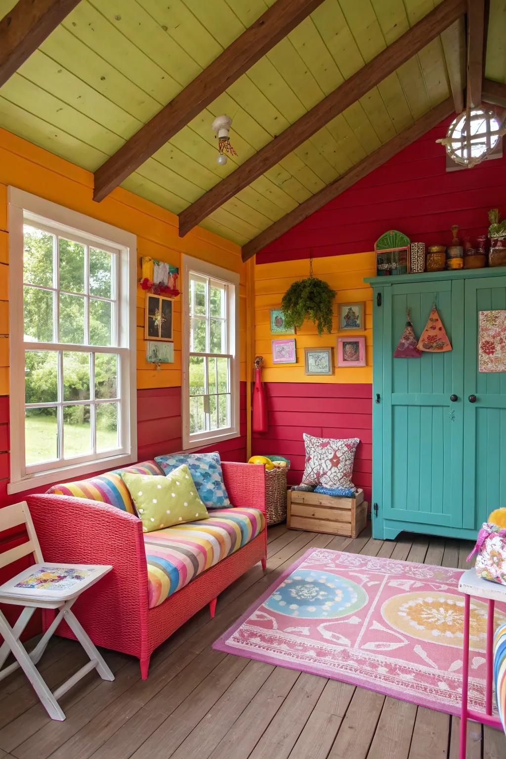 Bold colors inject personality and vibrancy into shed interiors.
