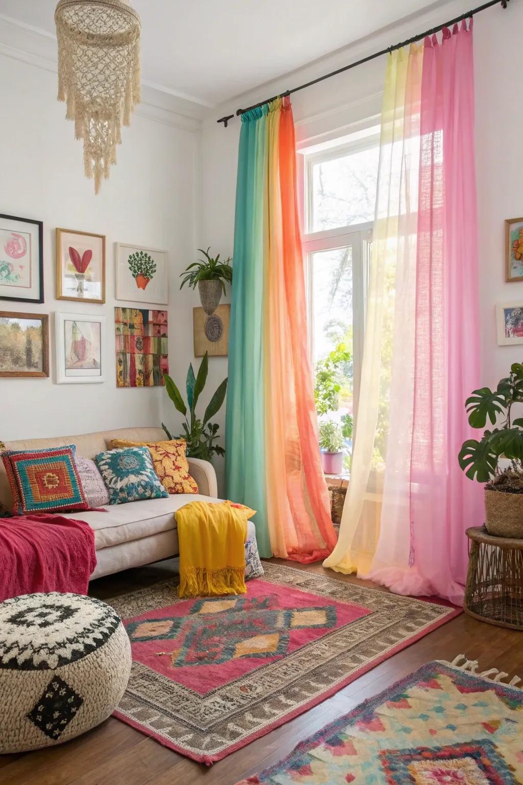 Vibrant wispy curtains infuse energy and function as a lively focal element in any space.