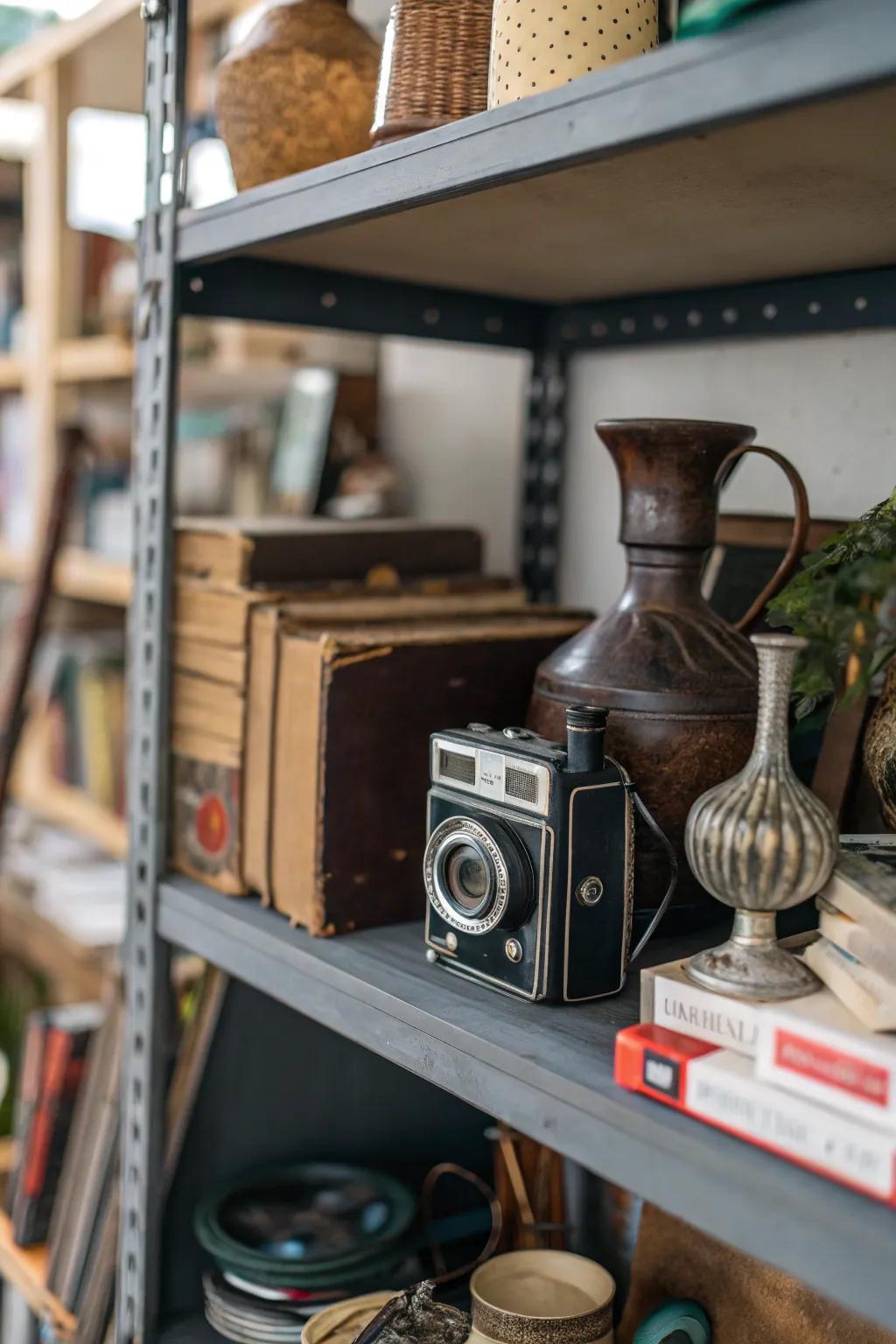 Uncommon items like a classic camera add intrigue to the shelf.