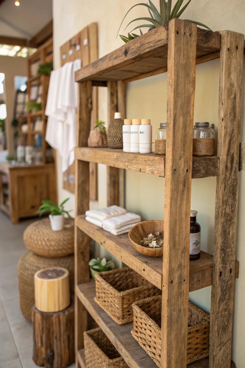 Rustic shelves fashioned from recovered timber.