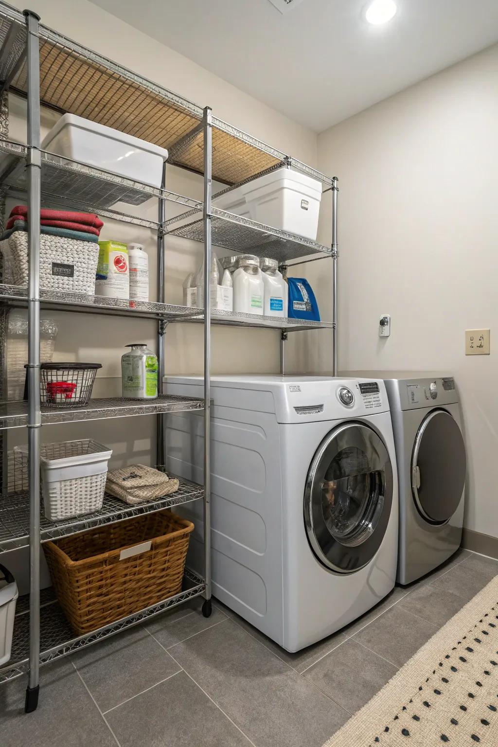 Metal shelves in a utility area provide a contemporary and long-lasting storage option.