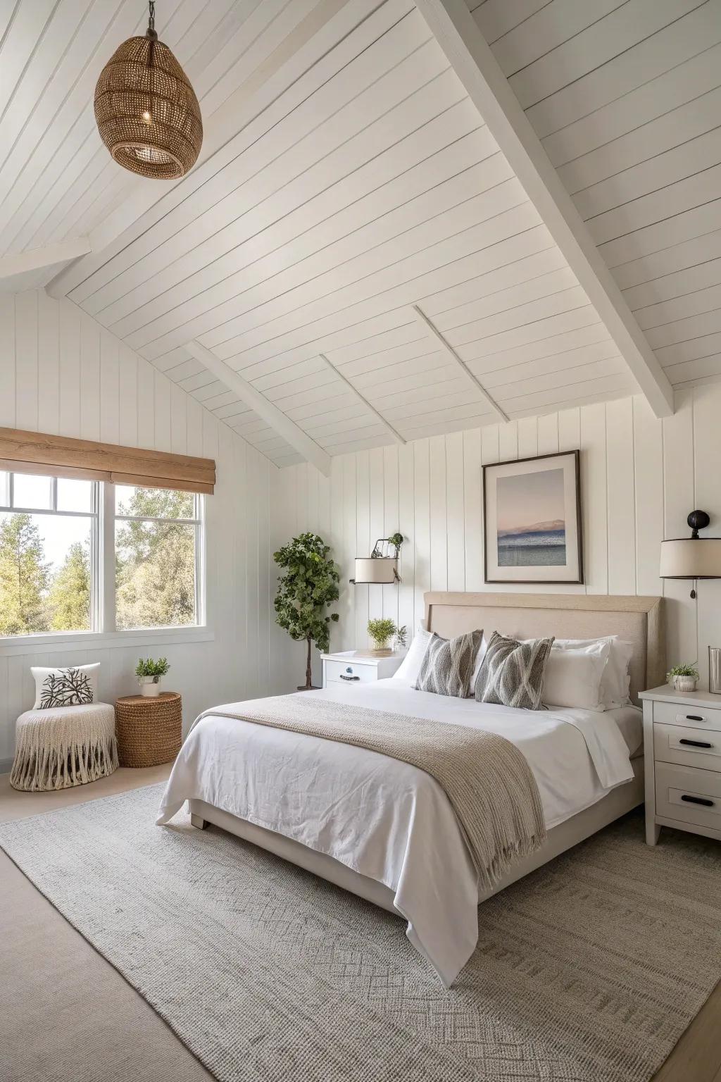 A minimalist aesthetic bolstered by a white shiplap ceiling.