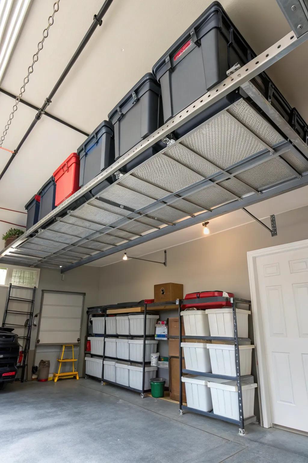 Overhead racks filled with storage containers.