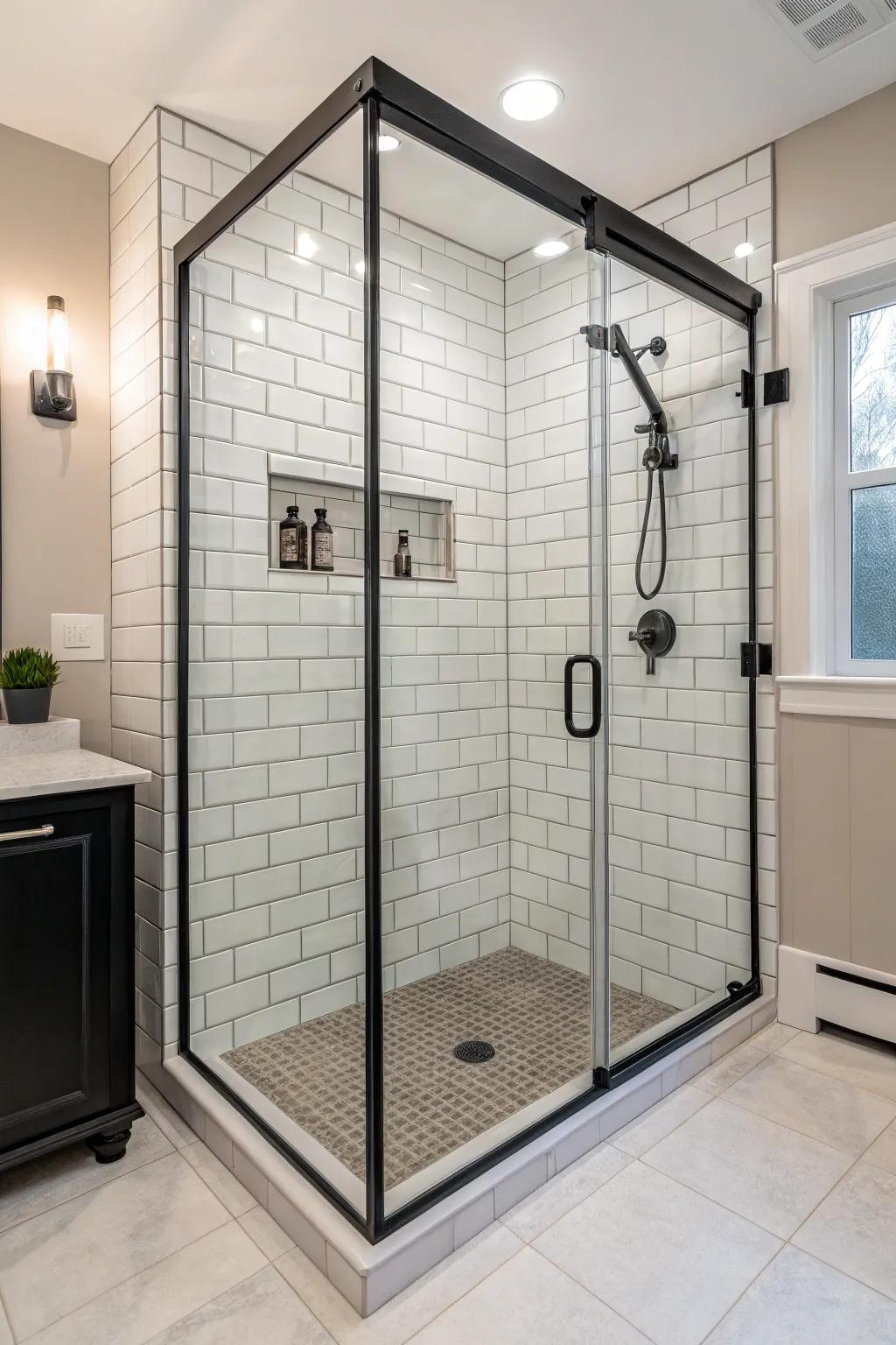 Modern shower with striking black lines.