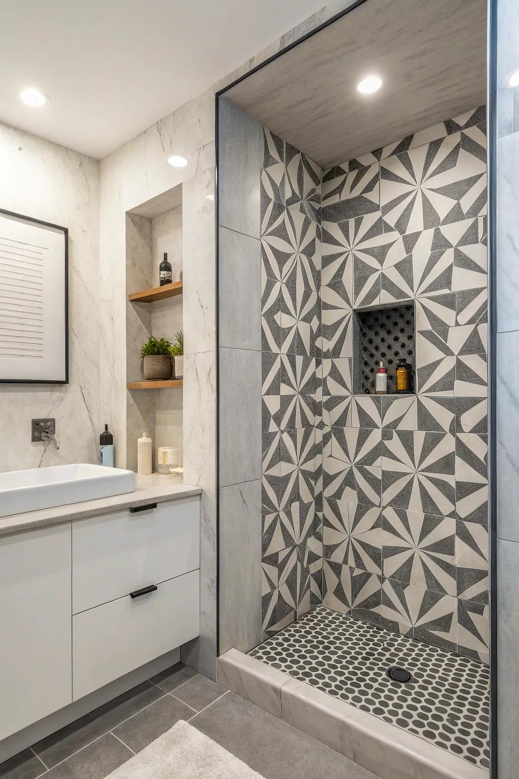 Geometric structures bringing a modern vibe to a shower recess