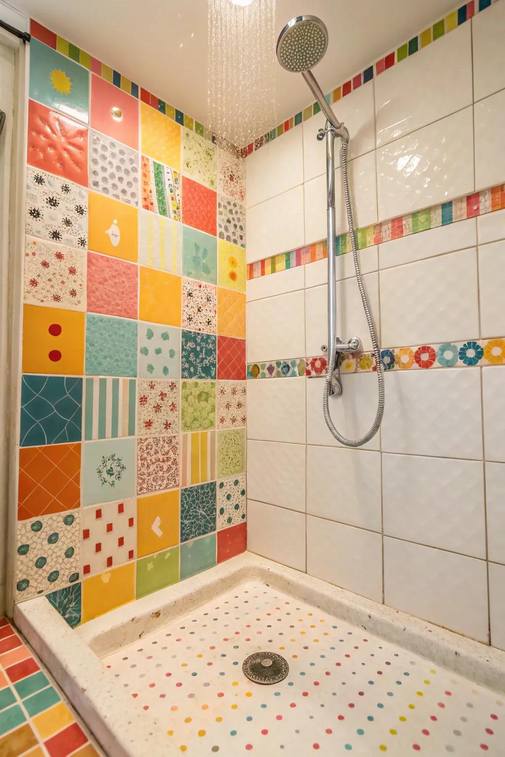 A shower pan with a vibrant mix of brightly colored units for a fun and energetic look.