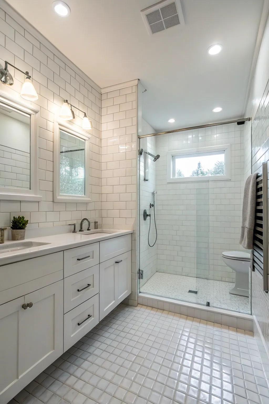 An all-white shower shows timeless class.