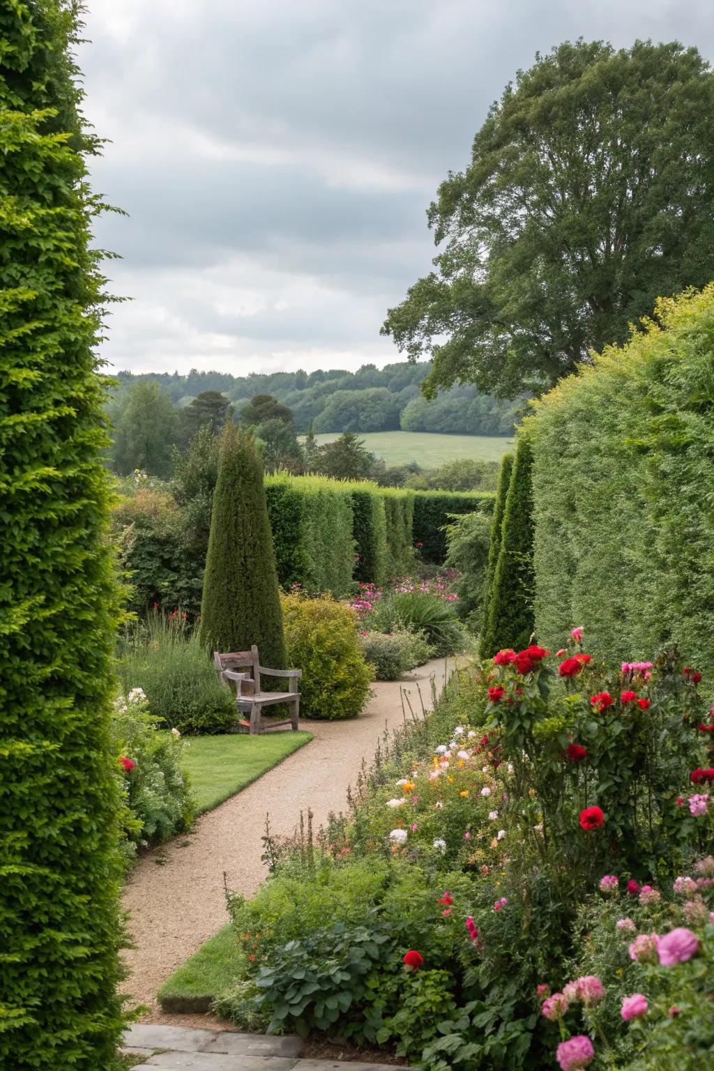 Tall shrubs provide excellent privacy, enhancing the seclusion of the garden.