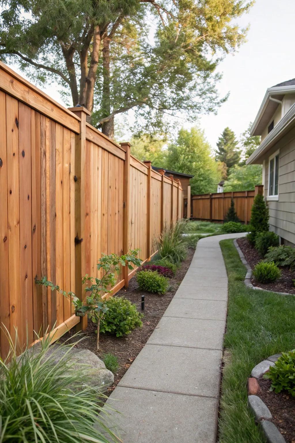 Inviting side yard featuring a cedar plank enclosure.