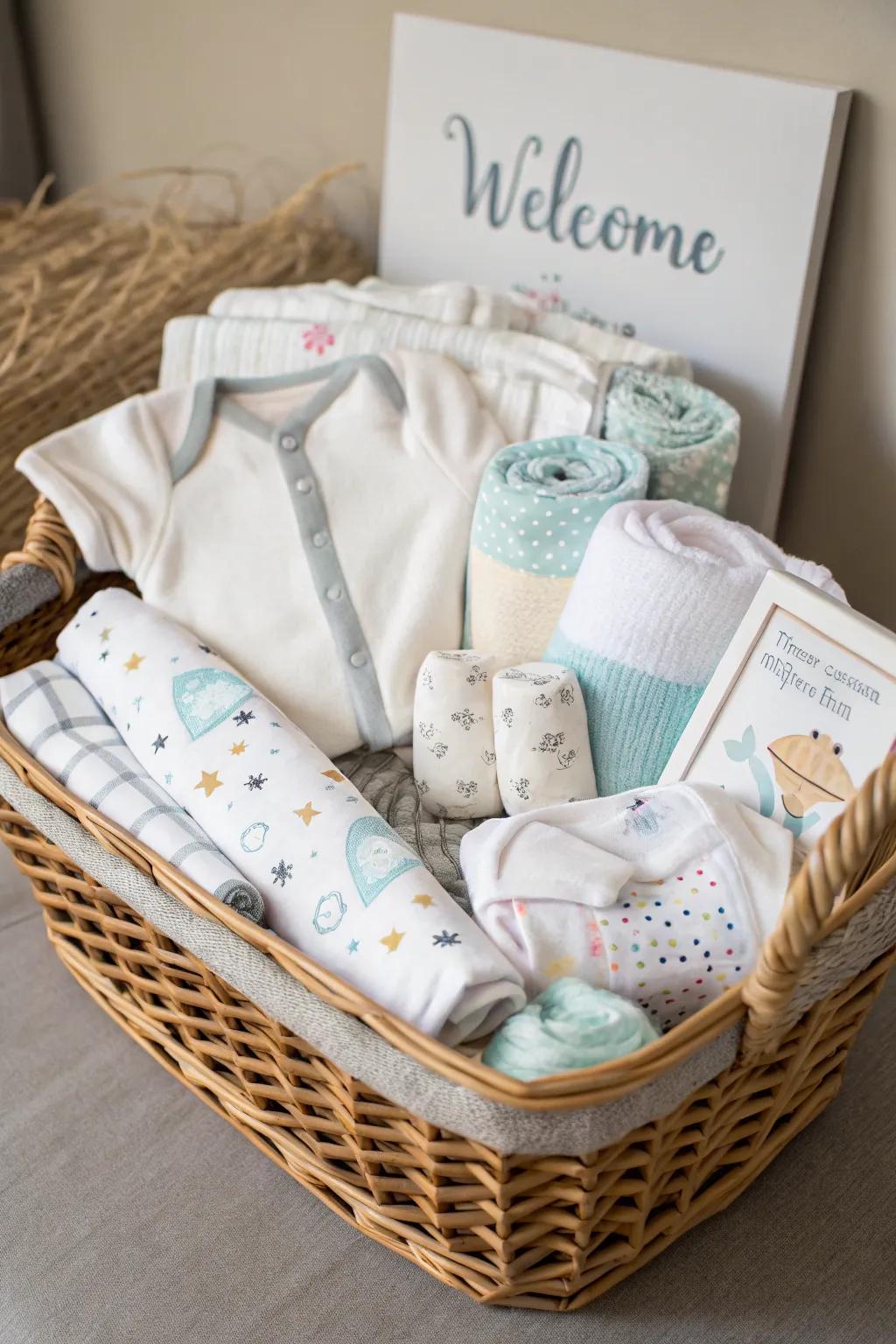 A greeting hamper featuring essentials for a practical and thoughtful detail.