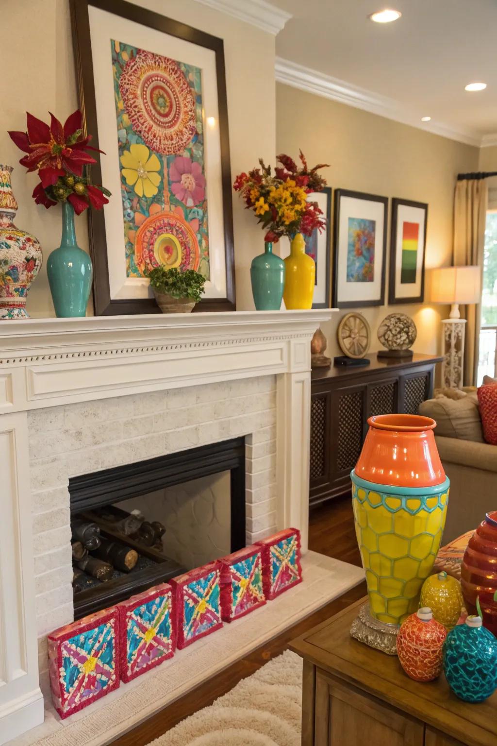 This everyday mantel is enlivened by colorful accents.