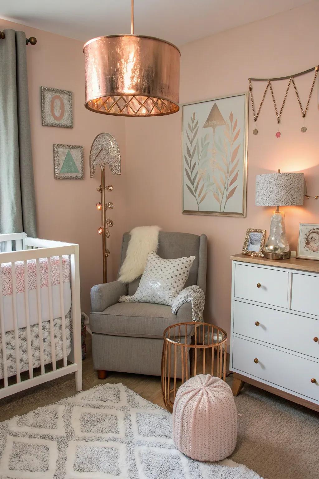 Metallic accents bestow a sophisticated radiance upon the baby's room.