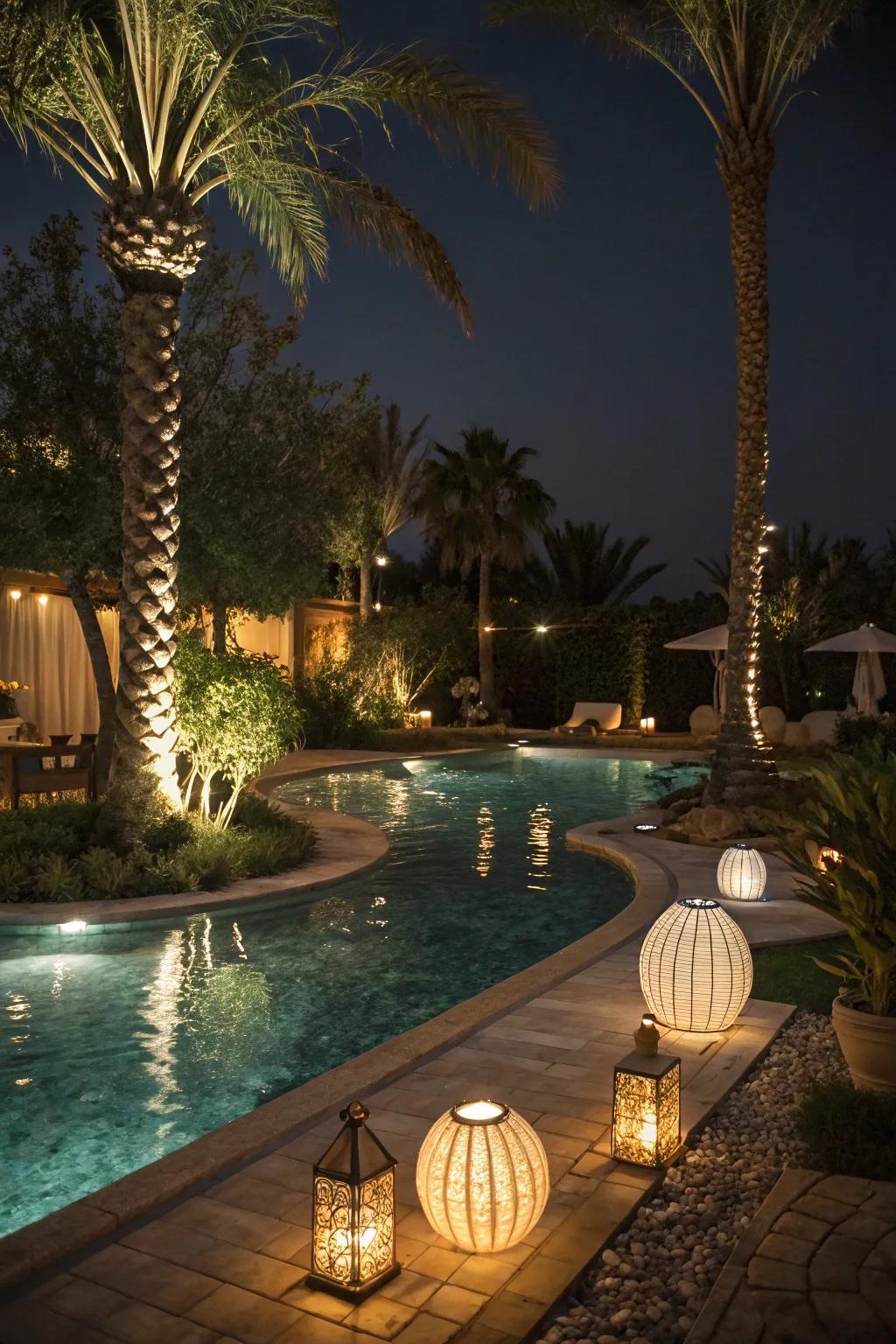 Creative lighting turning the pool area into a magical space at night.