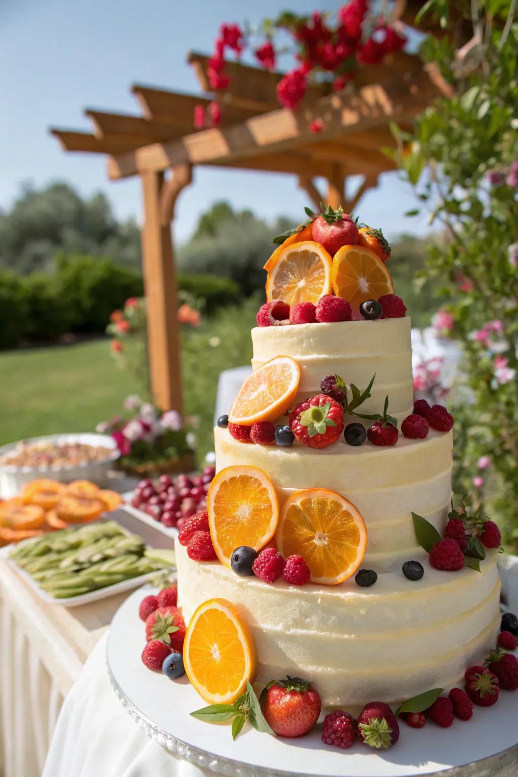 Lively and garden-fresh confection through fruit decorations.