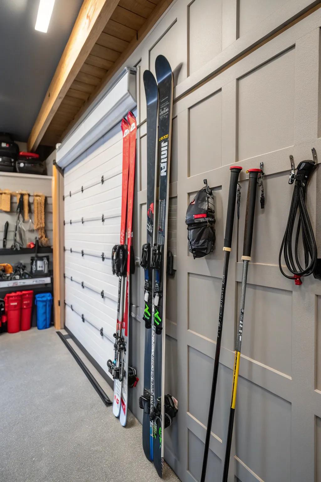 Garage wall panels provide a customizable and tidy ski storage solution.