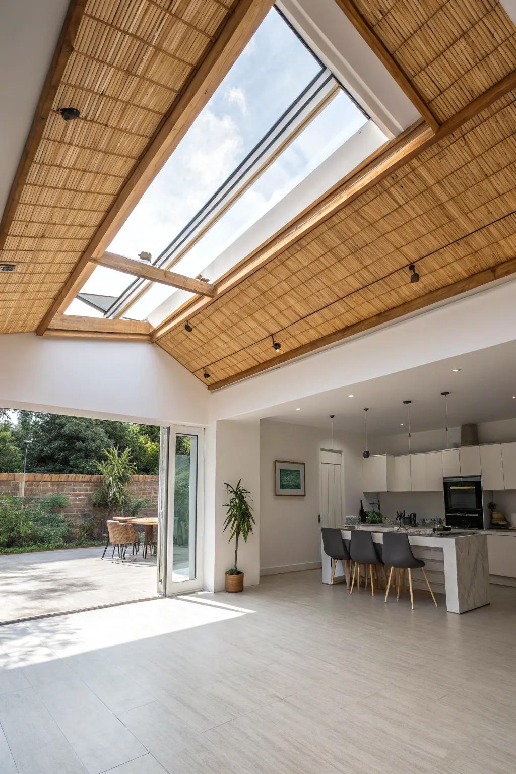 A studio showing a skylight with sustainable bamboo trim.