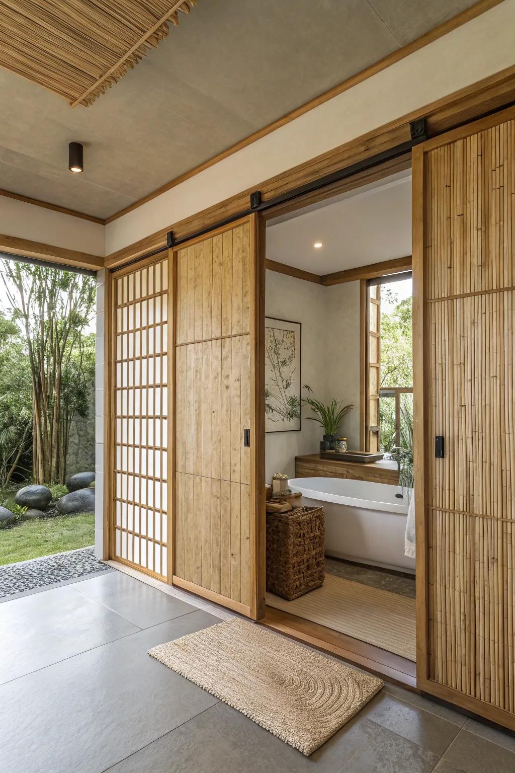 Bamboo moving doors add a calm, spa-like feel to this bathroom.