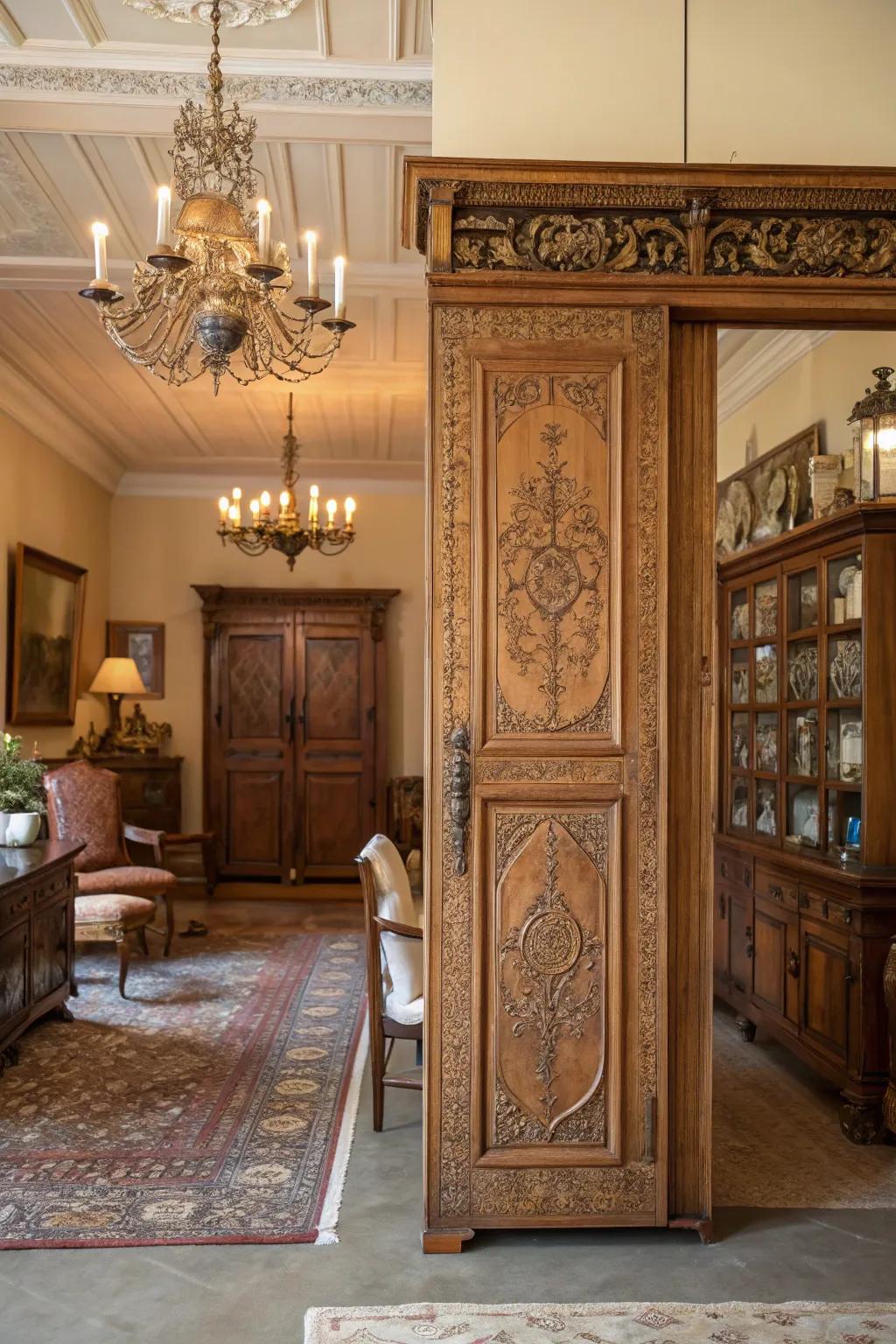 A vintage sliding door adds classic charm to this space.