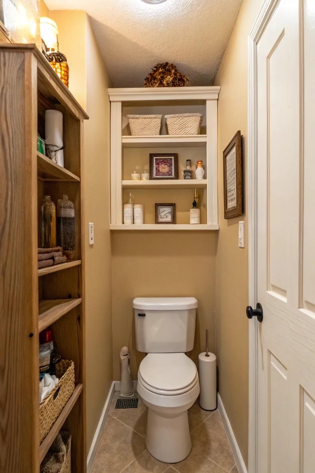 A small bathroom with airy open shelves.