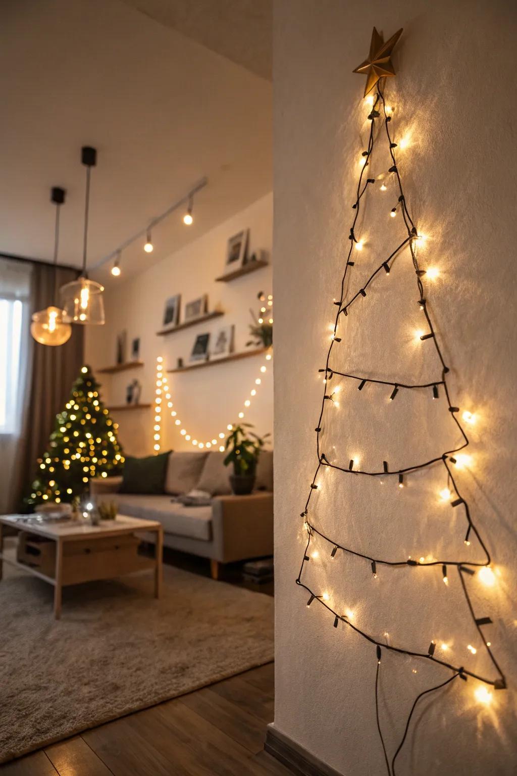 Fairy lights form a tree outline, providing a festive focal point in the room.