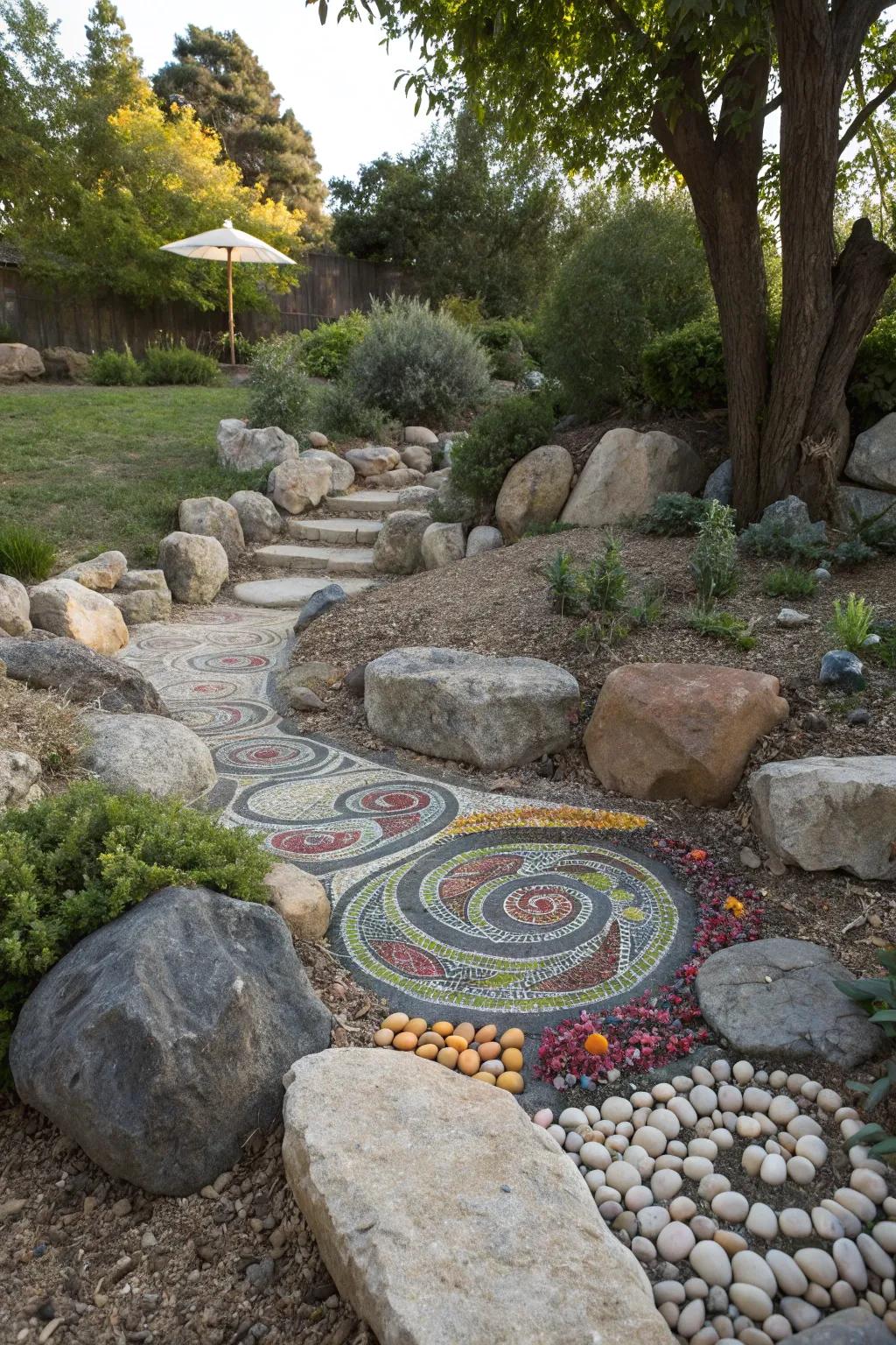 Artistic stone patterns introduce a unique touch to a rockery.