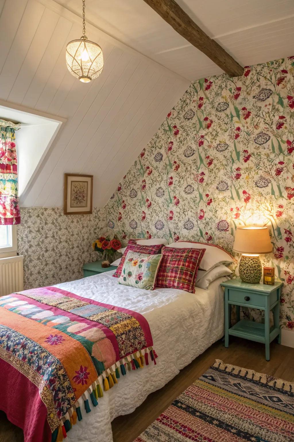 Motifs append vibrancy and interest to this cottage slumber space.