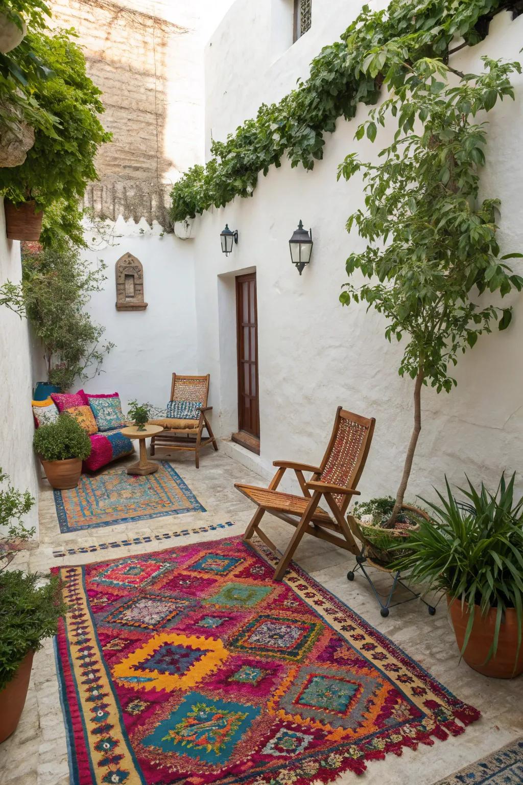 Open-air rugs delineate spaces and append coziness.