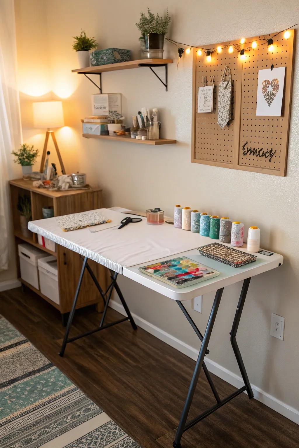 Folding furnishings offer versatile solutions for compact crafting spaces.