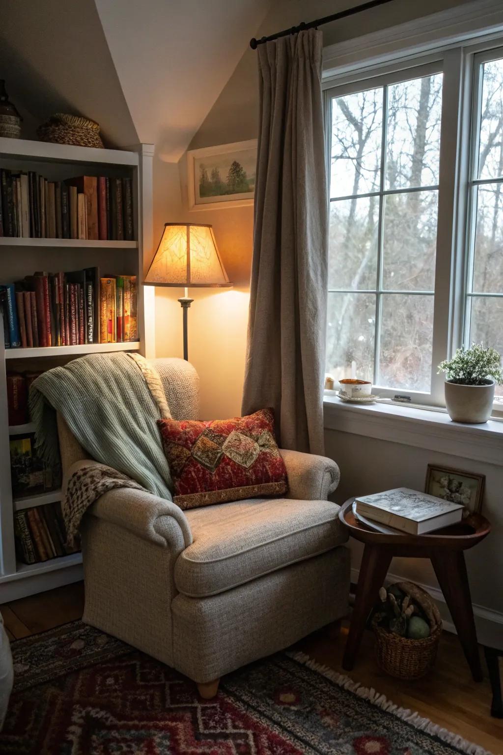 A reading alcove provides a cozy escape in the hideout.