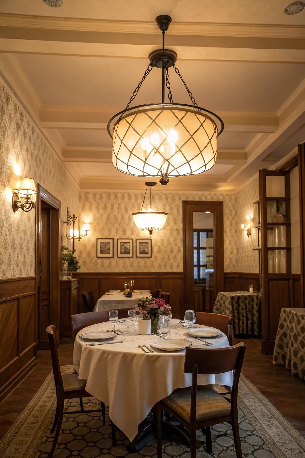 Symmetrical lighting creates a balanced and elegant dining room.