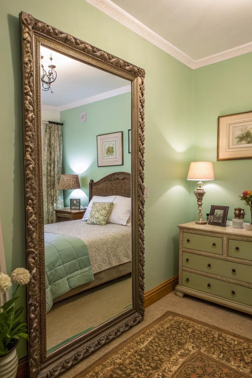 Mirrors lift up space along with supplement the green theme.