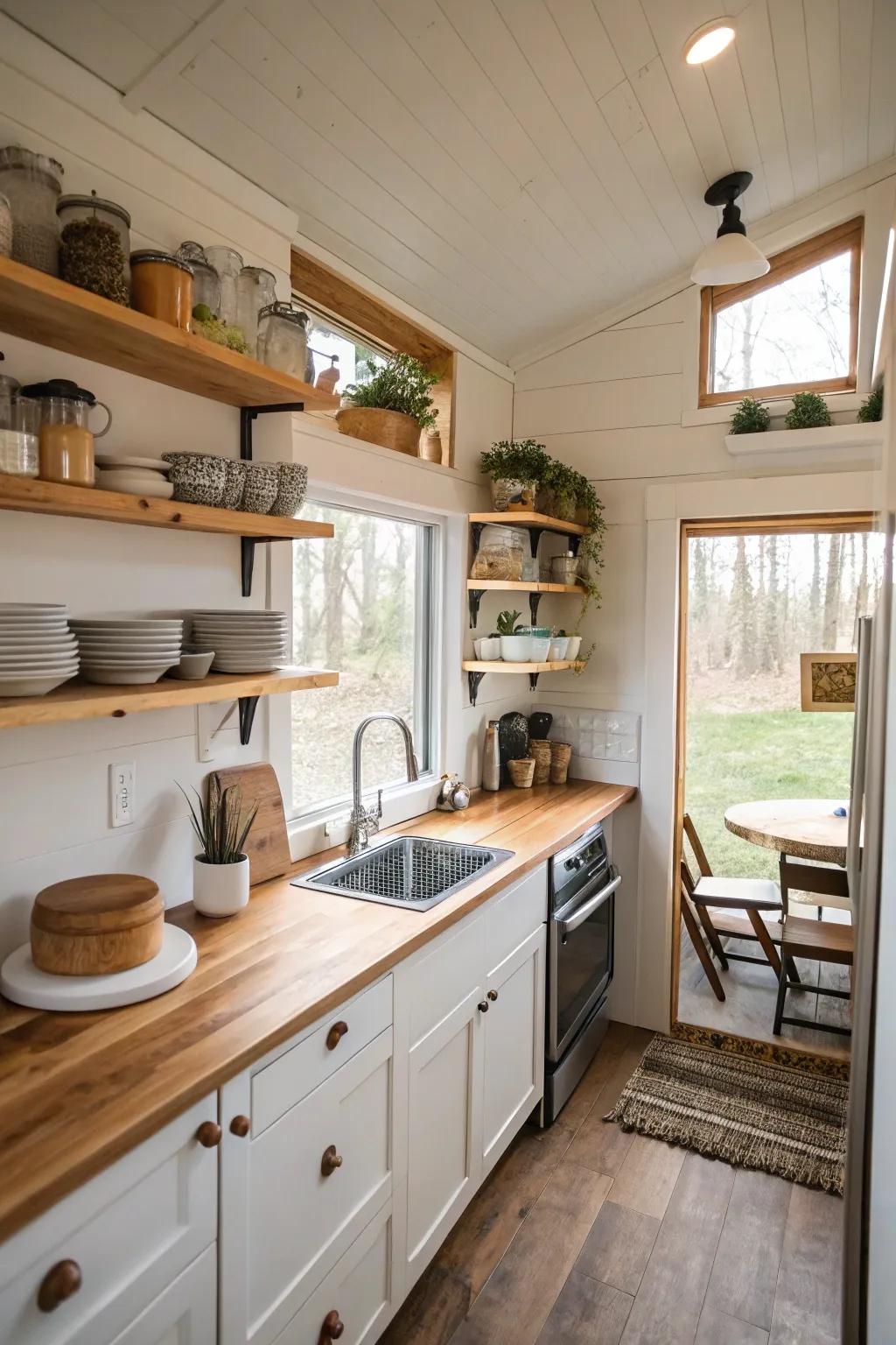 Cantilevered shelves offer functional storage in this small kitchen.