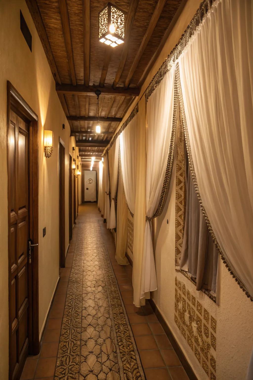 Curtains can add texture and warmth to your narrow hallway.