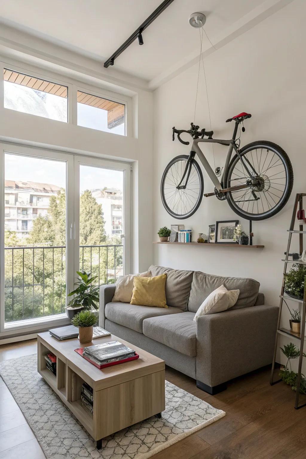 Mounted bikes provide fashionable storage.