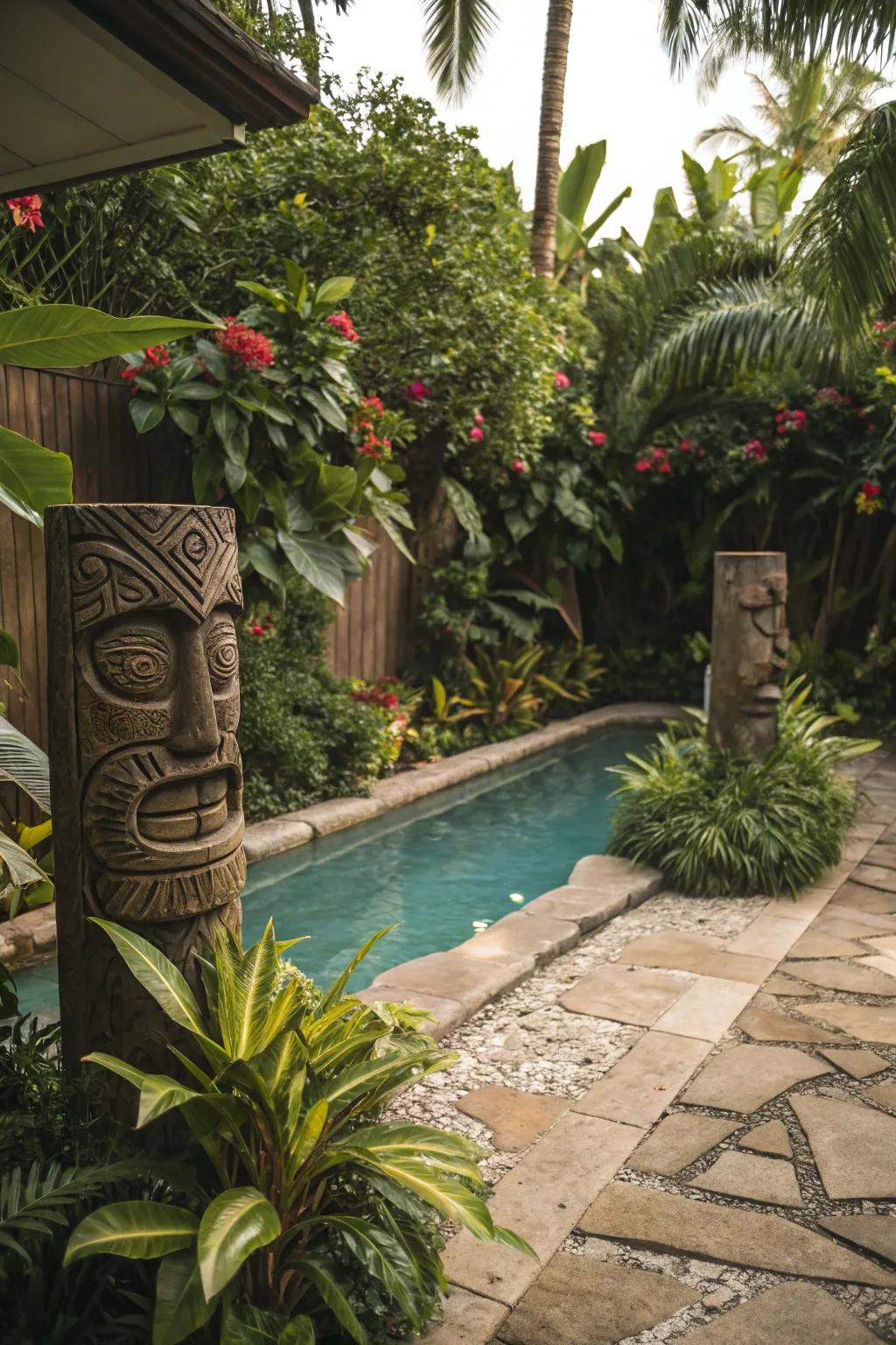 Themed statuary like tribal masks enhance the tropical ambiance.