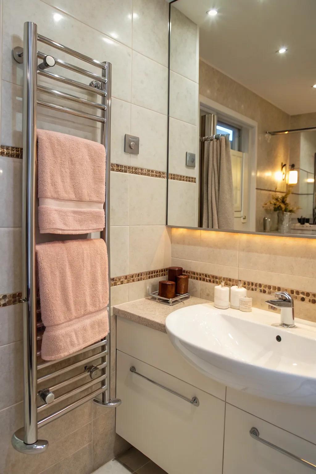 Enjoy the luxury of warm cloths with a heated cloth support.