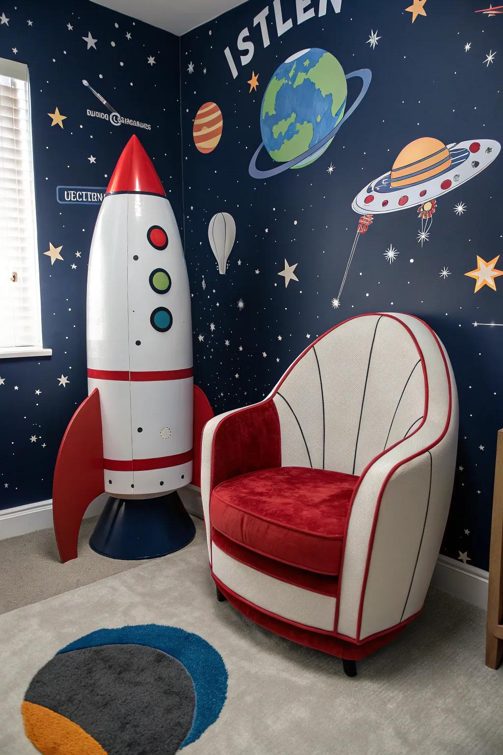 Launch vehicle-shaped furniture adds playfulness and adventure.