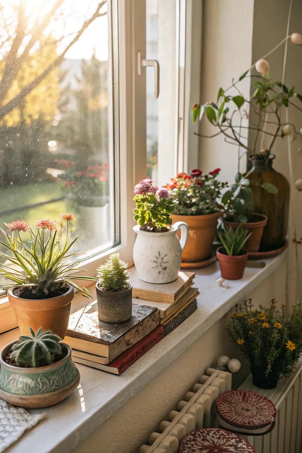 Window sills offer charming spots for storage and decor.