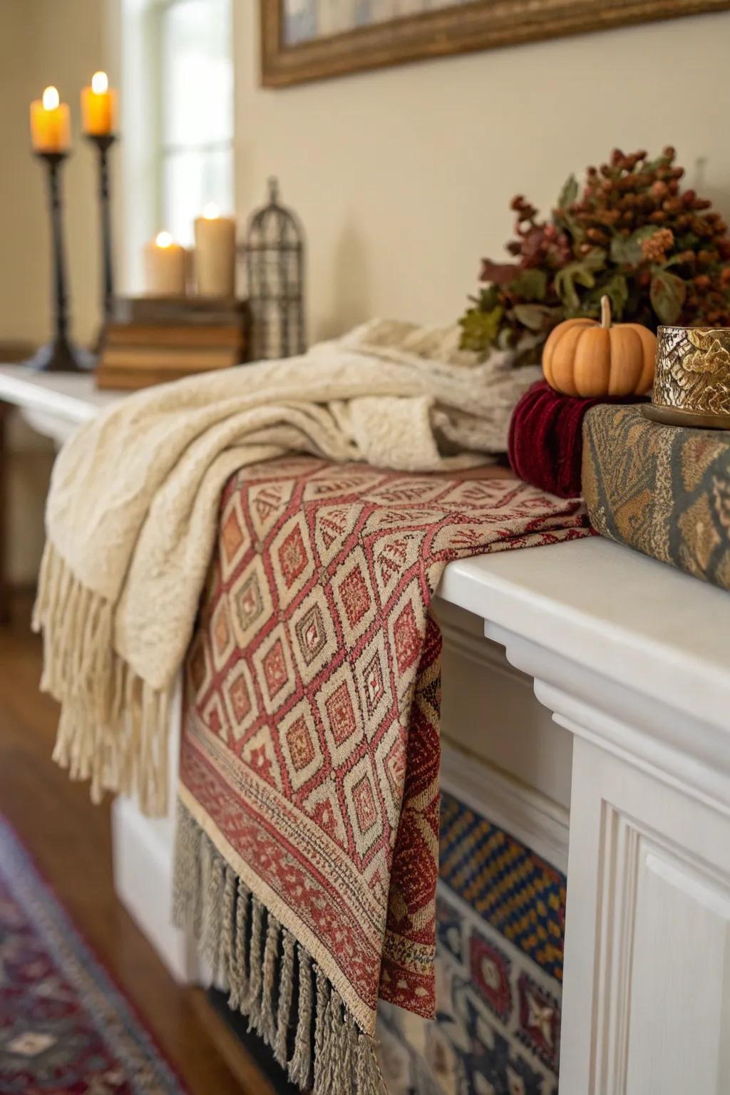 Fabrics add warmth and texture to the mantel decoration.