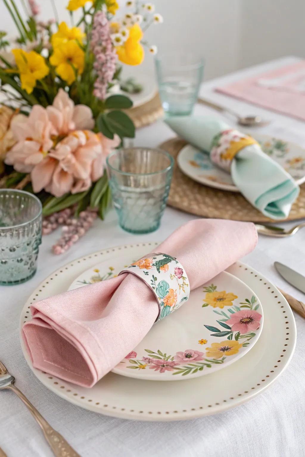 Table linen bands that scream 'spring' scatter a delightful detail.