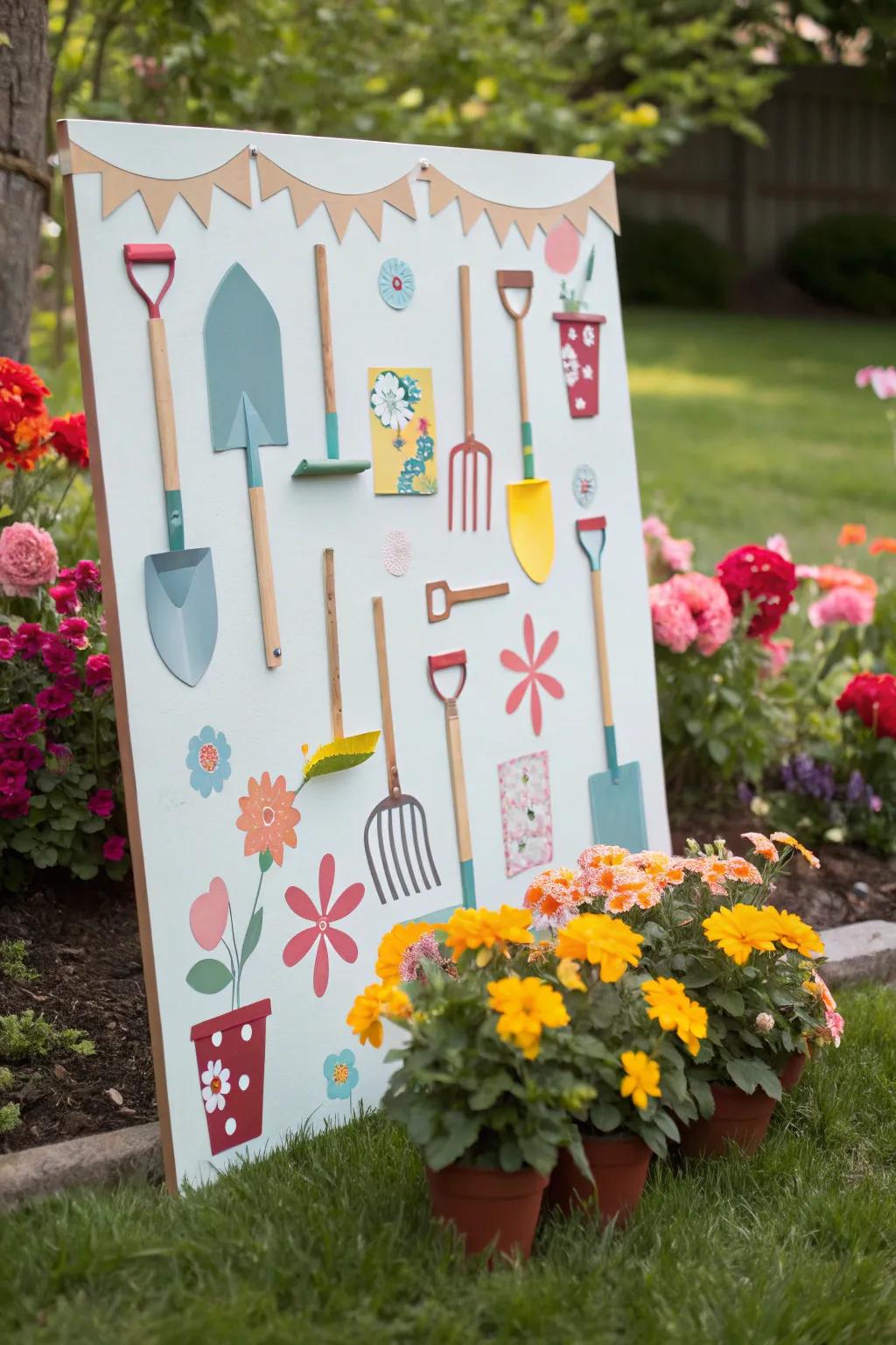 Mini garden tools emphasizing growth on the spring notice board.