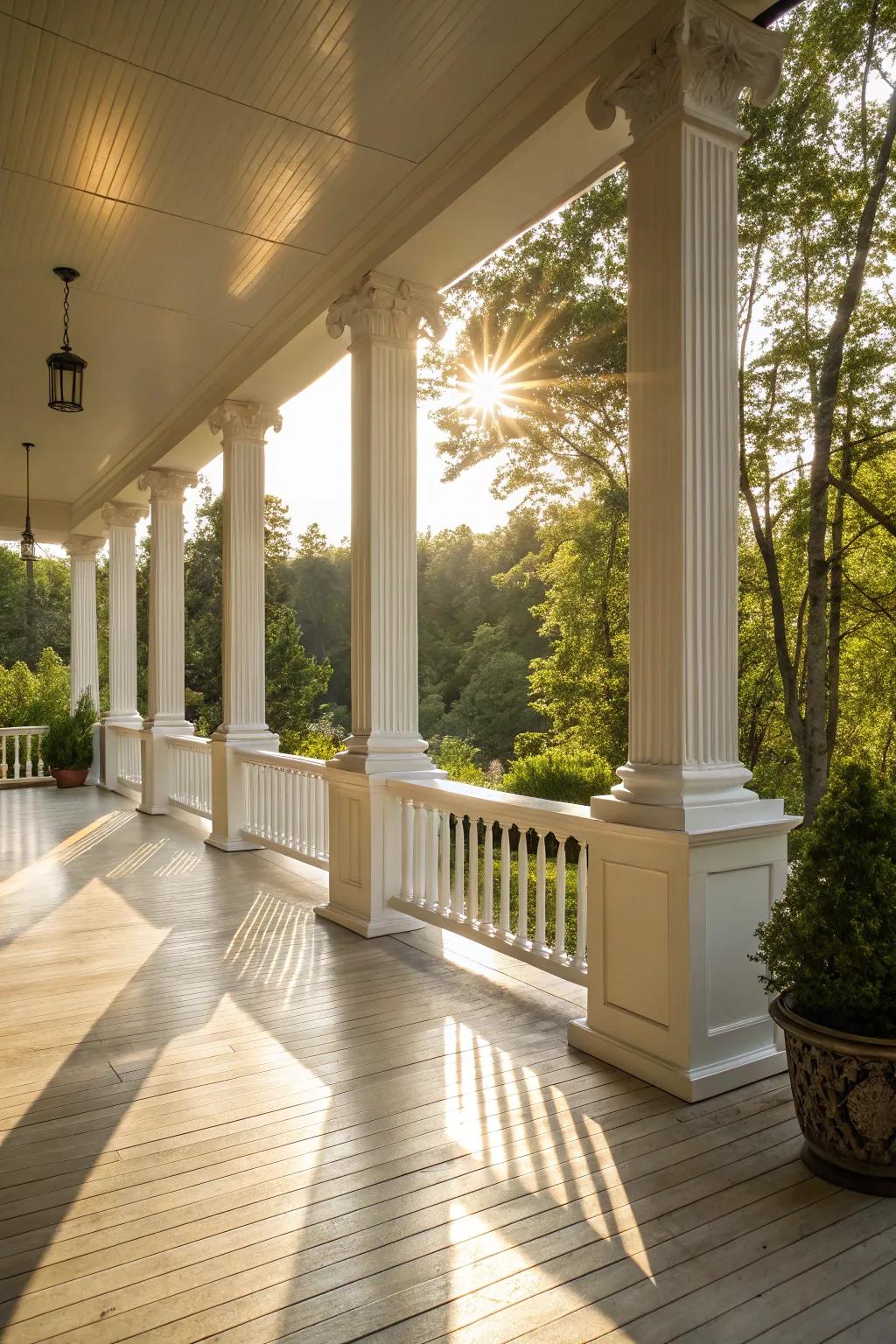 Shiny rectangular pillars add a luxurious sheen to the veranda.