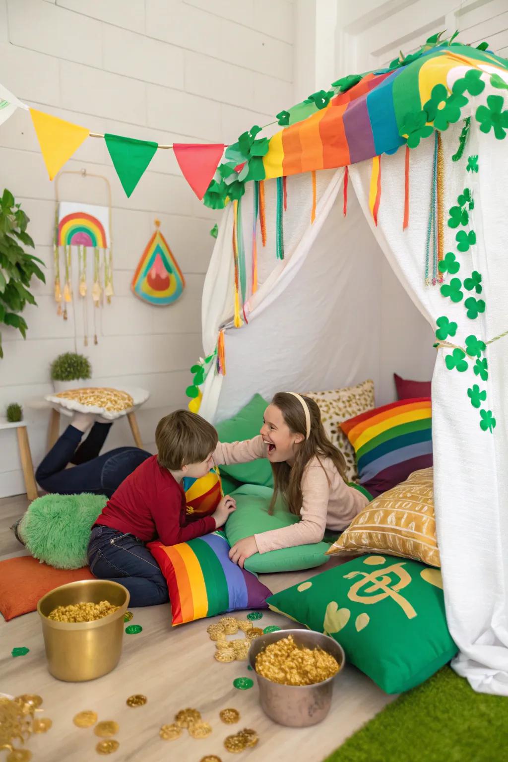 A vibrant cushion fortress, perfect for playful photos.