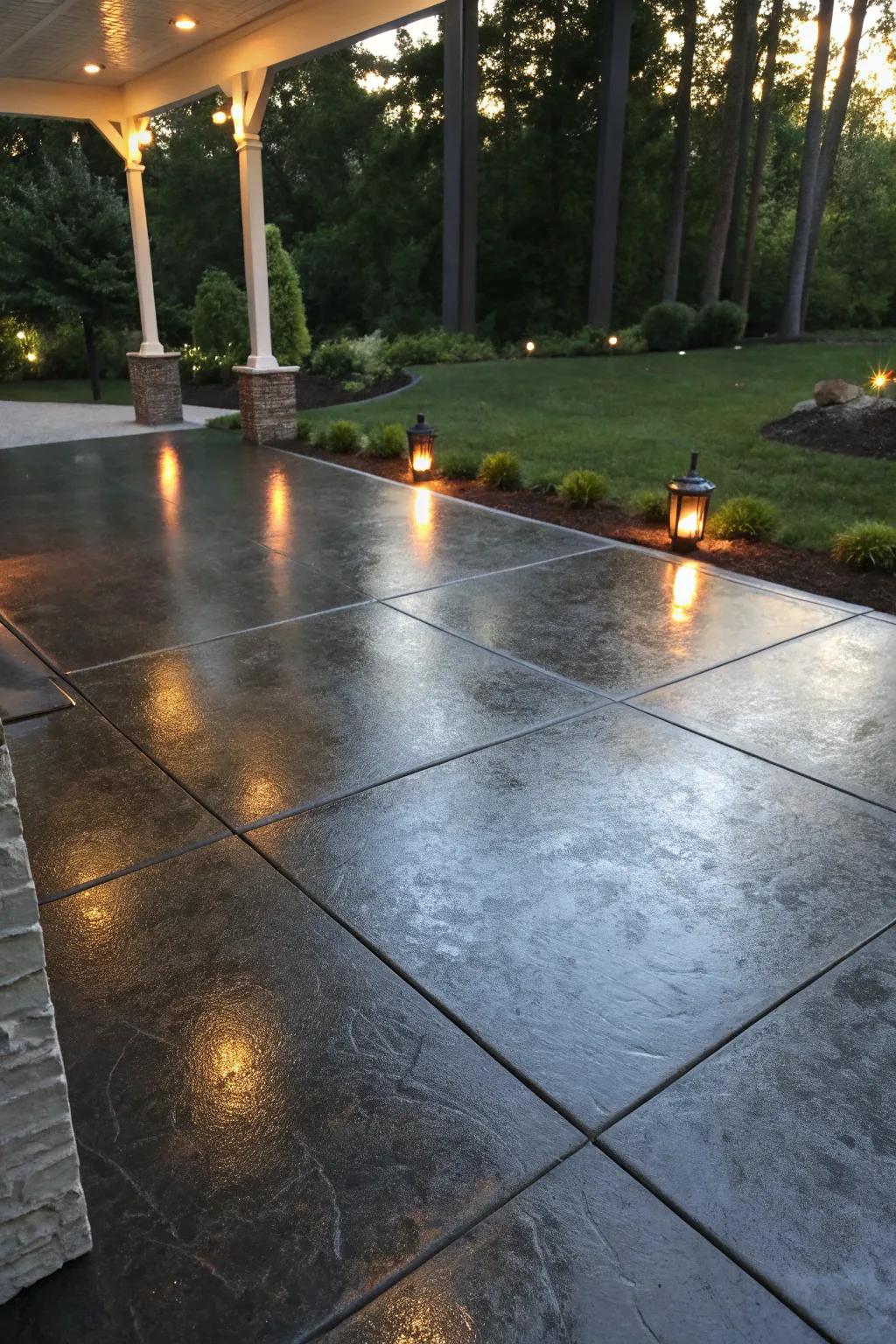 A polished, glossy finish on a charcoal-tinted patio.
